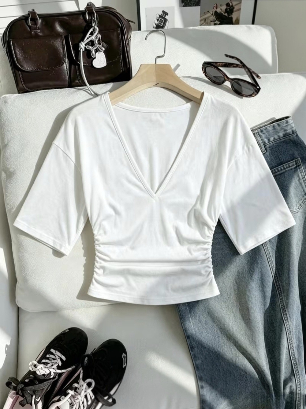 White V-Neck Ruched Waist Top